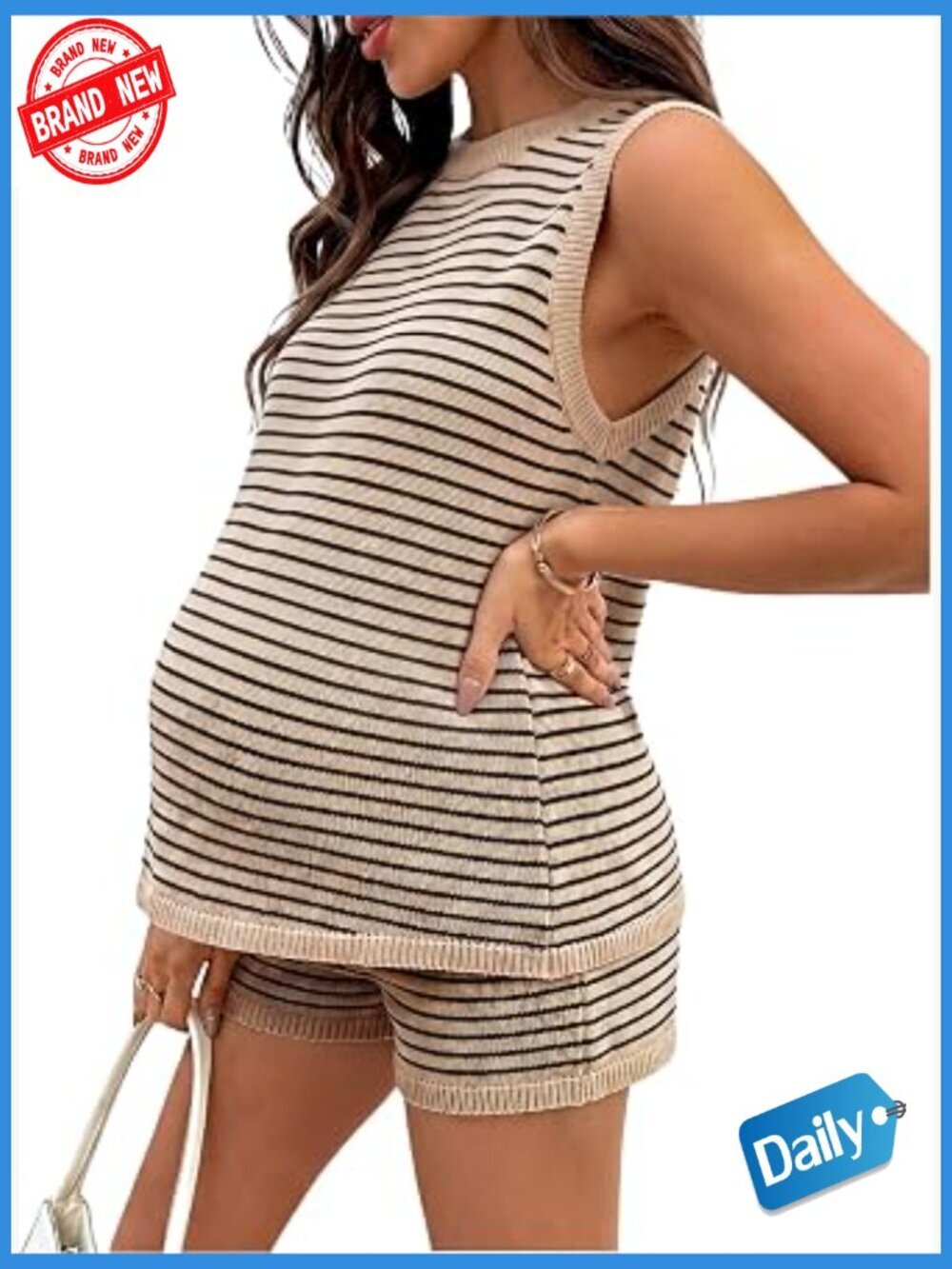 Maternity 2-Piece Striped Tank & Shorts Set Knit Loungewear S Medium